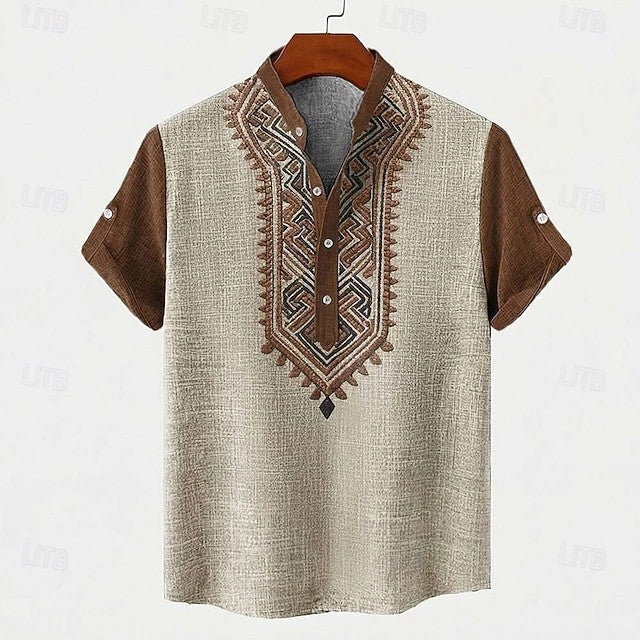 Effortless Embroidered Linen Blouse for Women with Stand Collar Short Sleeve Roll Tab Casual Style