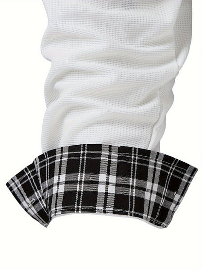 Effortless Waffle Knit Button Up Shirt for Women with Collar Long Sleeve Plaid Trim Chest Pocket Casual Style