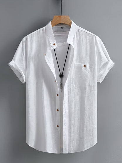 Effortless Linen Shirt for Women with Stand Collar Short Sleeve Button Front Relaxed Casual Style