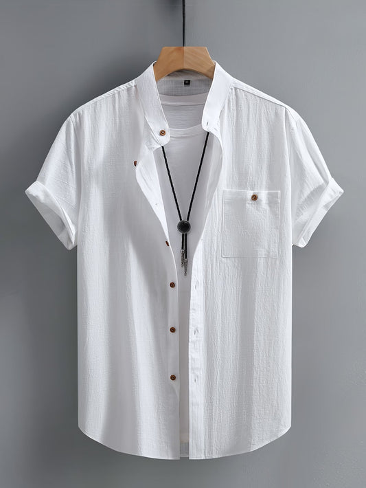Effortless Linen Shirt for Women with Stand Collar Short Sleeve Button Front Relaxed Casual Style