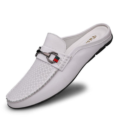 Effortless Leather Mule Loafer for Women with Horsebit Buckle Woven Panel Backless Casual Style