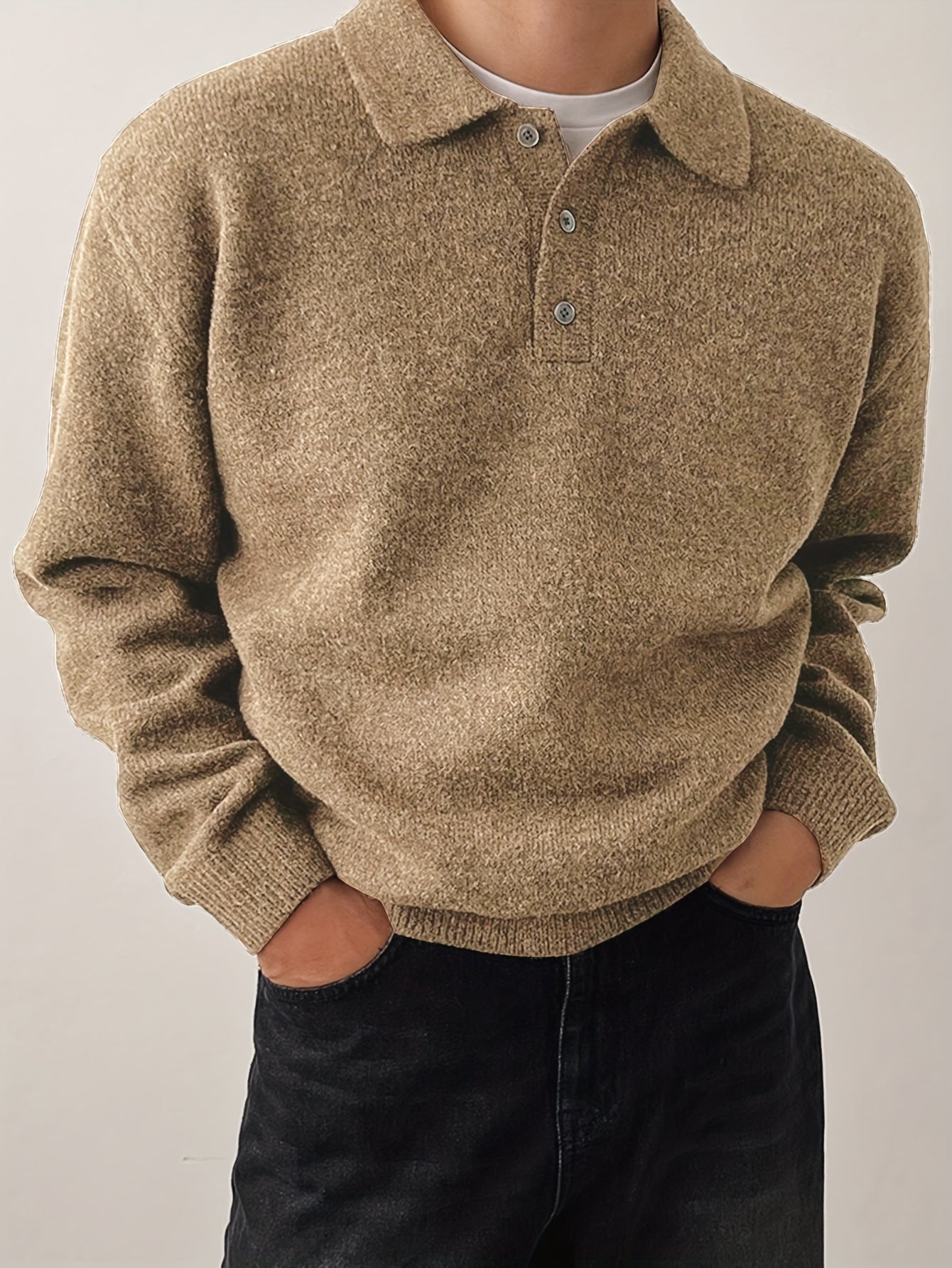 Comfortable Olive Green Knit Polo Sweater for Women with Collar Long Sleeve Button Placket Relaxed Oversized Style