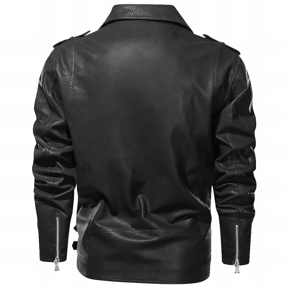 Elegant Black Leather Jacket for Women with Notched Collar Long Sleeve Belted Zip Front Biker Style