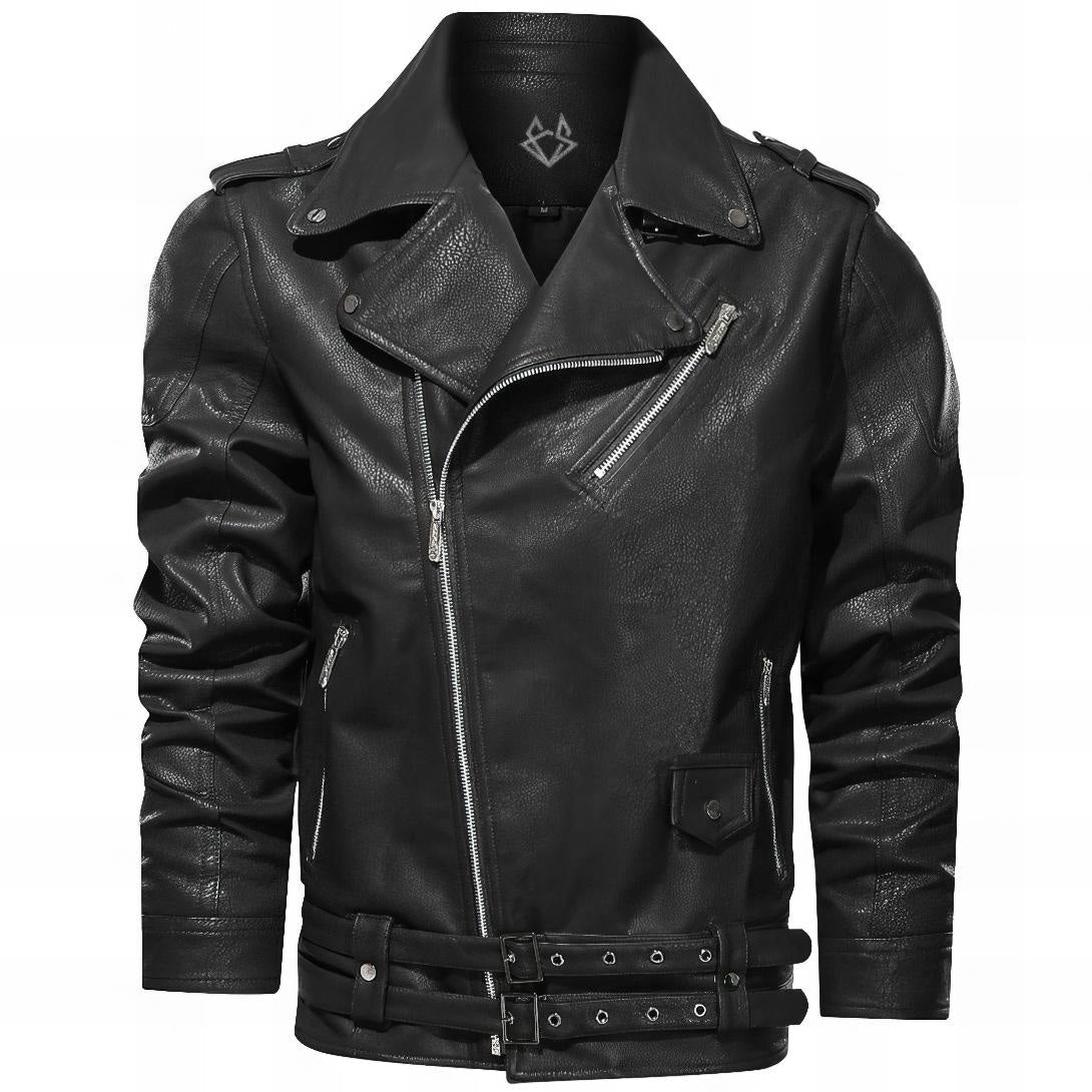 Elegant Black Leather Jacket for Women with Notched Collar Long Sleeve Belted Zip Front Biker Style