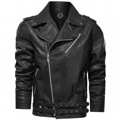 Elegant Black Leather Jacket for Women with Notched Collar Long Sleeve Belted Zip Front Biker Style