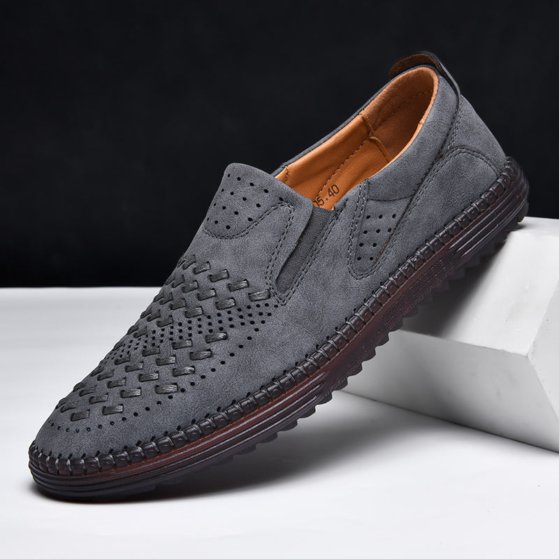 Comfortable Woven Leather Loafers for Women with Slip On Round Toe Perforated Casual Style