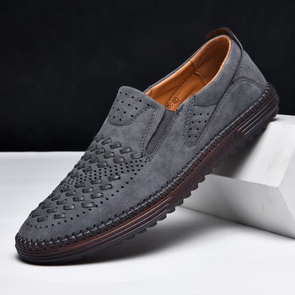 Comfortable Woven Leather Loafers for Women with Slip On Round Toe Perforated Casual Style