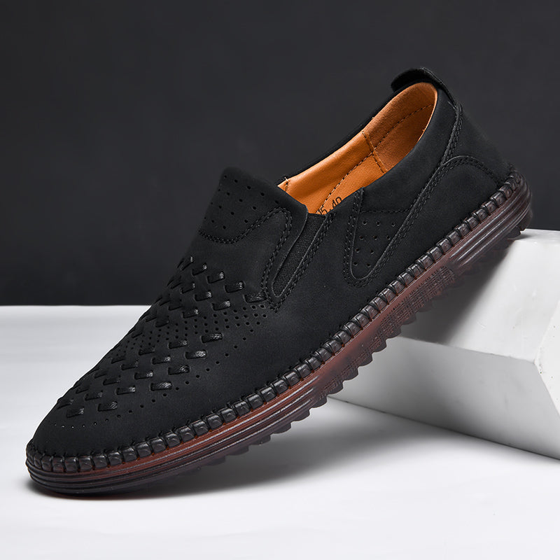 Comfortable Woven Leather Loafers for Women with Slip On Round Toe Perforated Casual Style