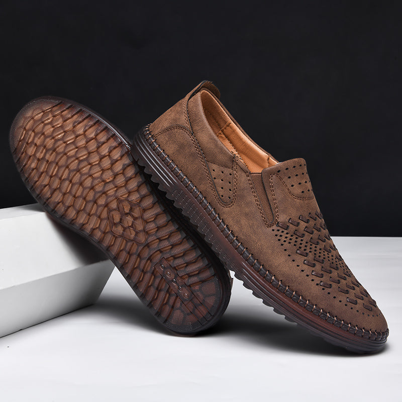Comfortable Woven Leather Loafers for Women with Perforated Toe Slip On Hand Stitched Casual Style