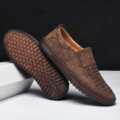 Comfortable Woven Leather Loafers for Women with Perforated Toe Slip On Hand Stitched Casual Style