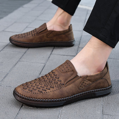 Comfortable Woven Leather Loafers for Women with Slip On Round Toe Perforated Casual Style