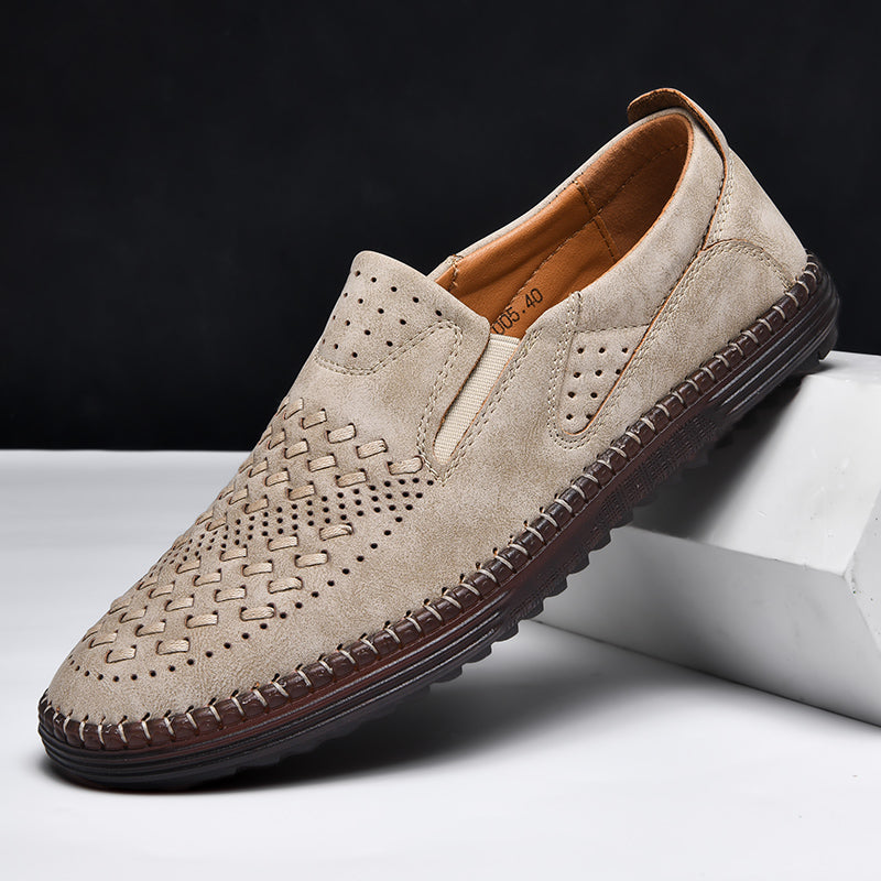 Comfortable Woven Leather Loafers for Women with Slip On Round Toe Perforated Casual Style