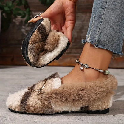 Comfortable Beige Slippers for Women with Faux Fur Upper Bow Detail Slip On House Shoe Style