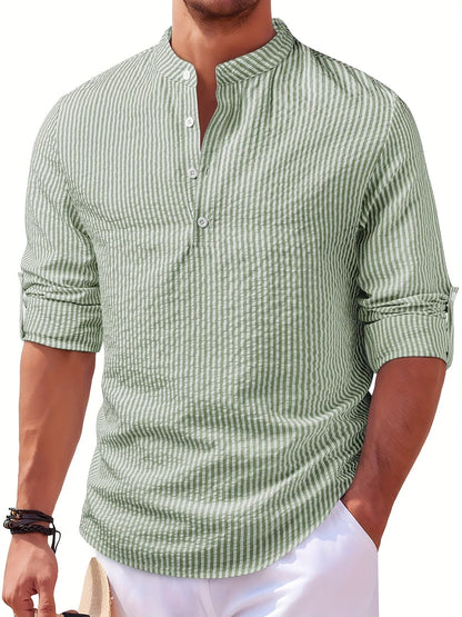 Effortless Striped Henley Shirt for Women with Banded Collar Long Sleeve Relaxed Casual Style