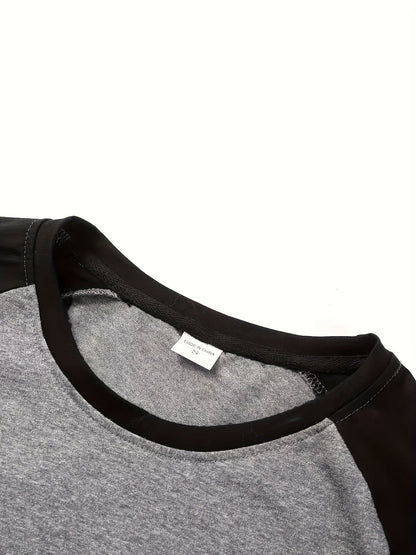 Effortless Black and Grey Colorblock Raglan Shirt for Women with Crew Neck Long Sleeve Relaxed Casual Style