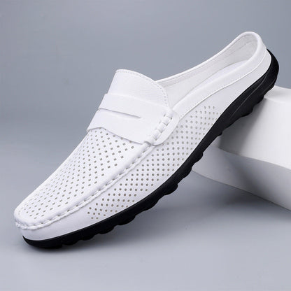 Effortless Perforated Leather Loafer Mule for Women with Backless Penny Strap Slip On Casual Style