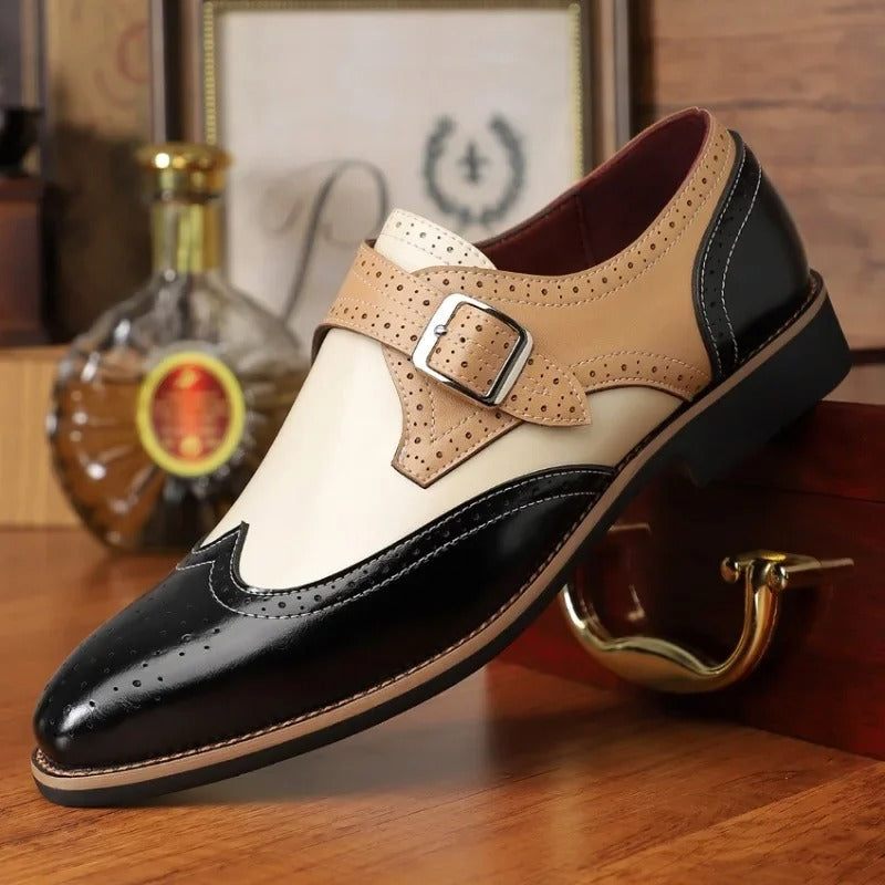 Elegant Colorblock Leather Monk Strap Shoe with Wingtip Brogue Pointed Toe Formal Style