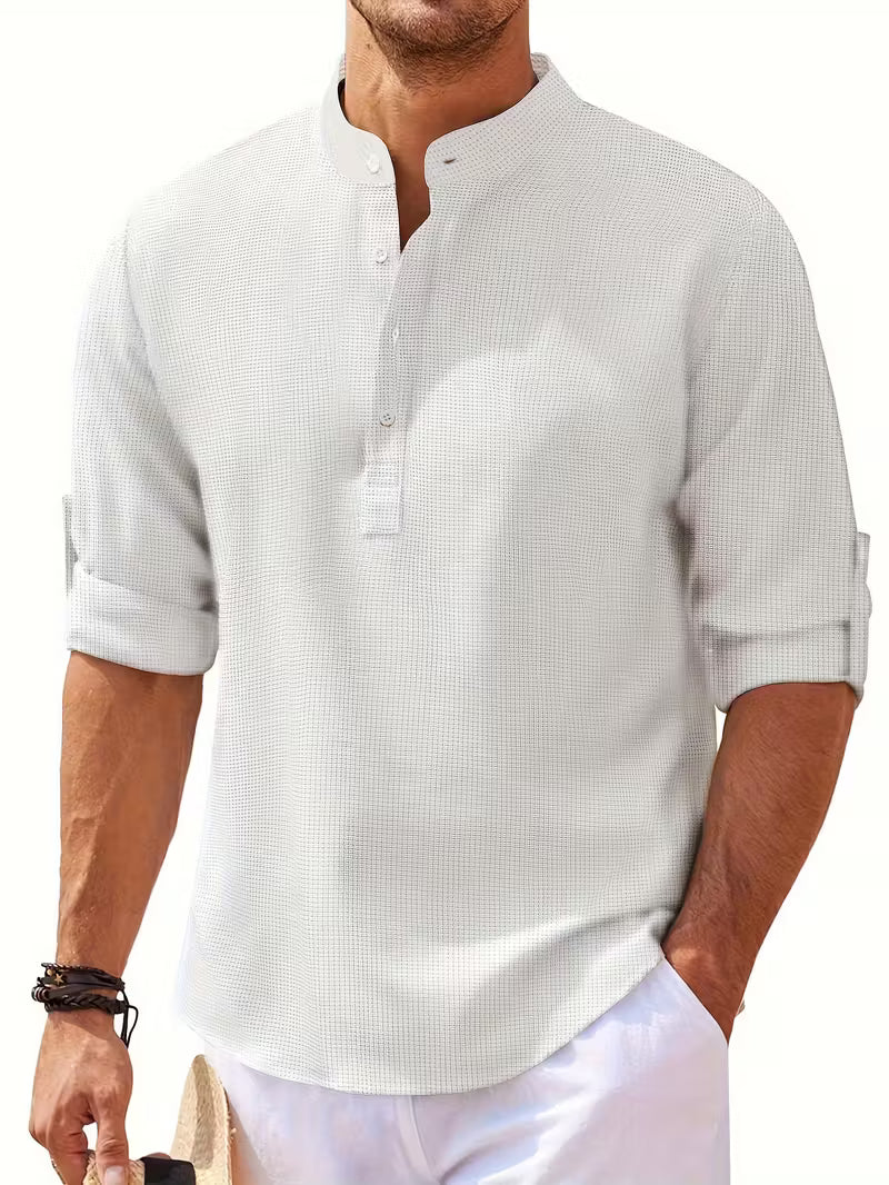 Effortless White Waffle Knit Shirt for Women with Band Collar Long Sleeve Button Placket Relaxed Style