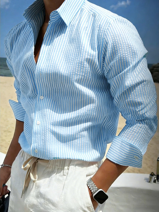 Effortless Blue Striped Cotton Button Down Shirt for Women with Collar Long Sleeve Relaxed Casual Style