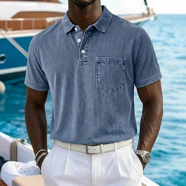 Effortless Washed Cotton Polo Shirt for Women with Collared Short Sleeve Button Placket Chest Pocket Casual Style