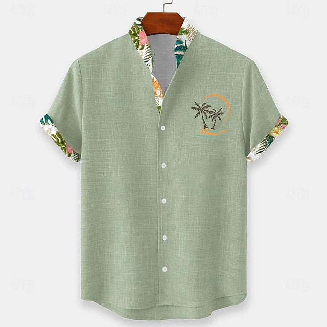 Effortless Tropical Print Linen Shirt for Women with Camp Collar Short Sleeve Contrast Trim Button Front Casual Style