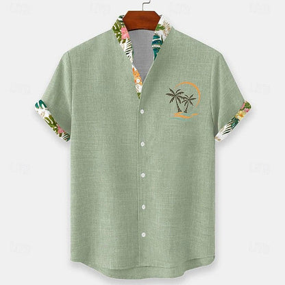 Effortless Tropical Print Linen Shirt for Women with Camp Collar Short Sleeve Contrast Trim Button Front Casual Style
