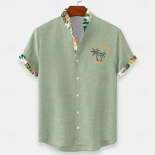 Effortless Tropical Print Linen Shirt for Women with Camp Collar Short Sleeve Contrast Trim Button Front Casual Style