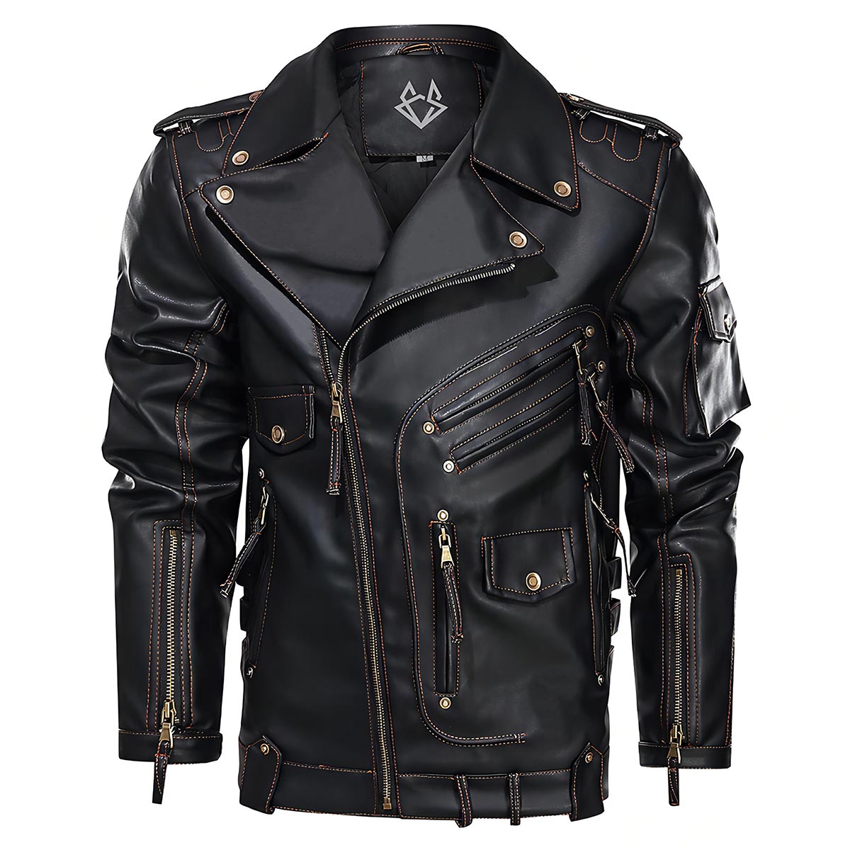 Elegant Black Leather Jacket for Women with Notch Collar Long Sleeve Asymmetric Zip Belted Moto Style