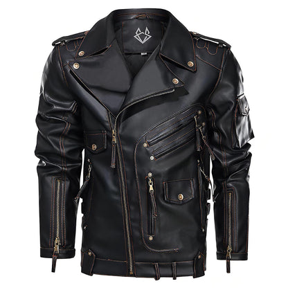 Elegant Black Leather Jacket for Women with Notch Collar Long Sleeve Asymmetric Zip Belted Moto Style