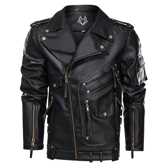 Elegant Black Leather Jacket for Women with Notch Collar Long Sleeve Asymmetric Zip Belted Moto Style