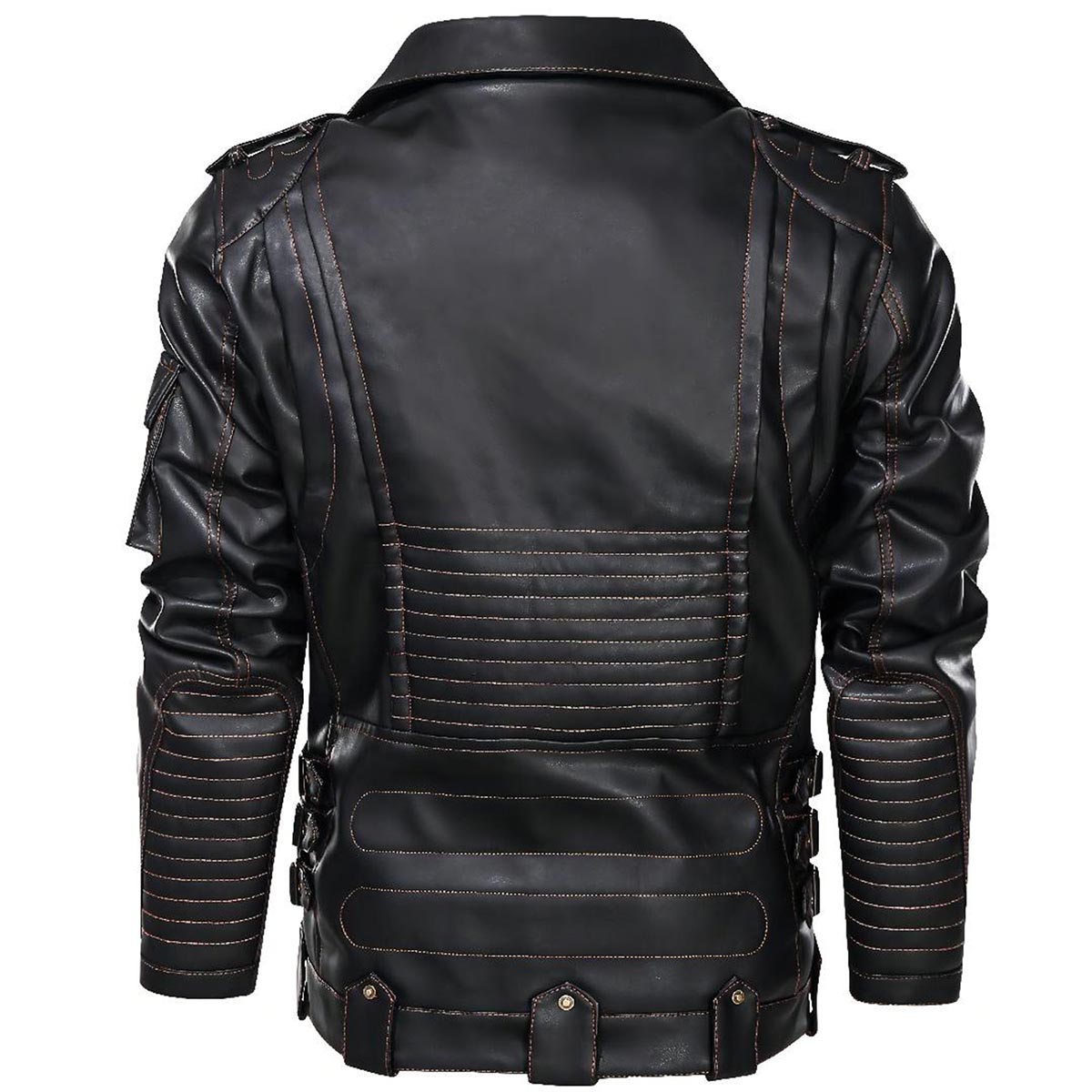 Elegant Black Leather Jacket for Women with Notch Collar Long Sleeve Asymmetric Zip Belted Moto Style