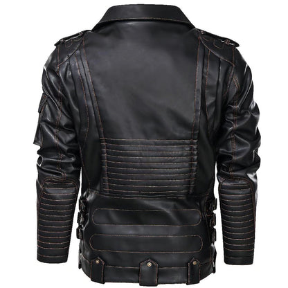 Elegant Black Leather Jacket for Women with Notch Collar Long Sleeve Asymmetric Zip Belted Moto Style