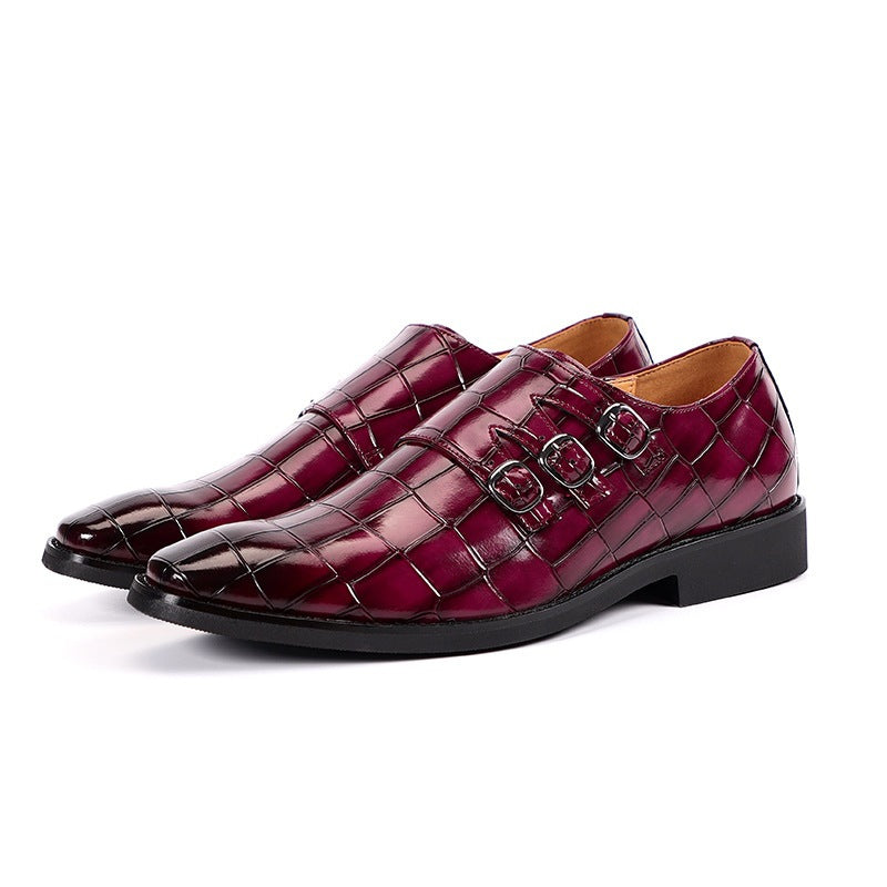 Elegant Croc Embossed Monk Strap Dress Shoes for Women with Triple Buckle Pointed Toe Textured Leather Formal Style