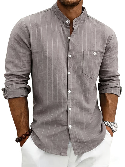Effortless White Pinstripe Linen Shirt for Women with Band Collar Long Sleeve Button Front Relaxed Style