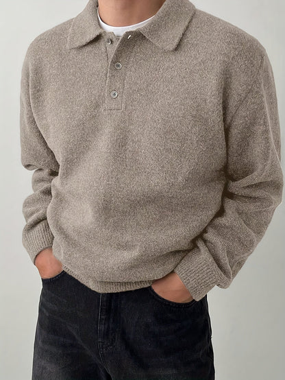 Comfortable Olive Green Knit Polo Sweater for Women with Collar Long Sleeve Button Placket Relaxed Oversized Style