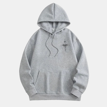 Comfortable White Celestial Compass Print Hoodie for Women with Drawstring Hood Long Sleeve Relaxed Oversized Style