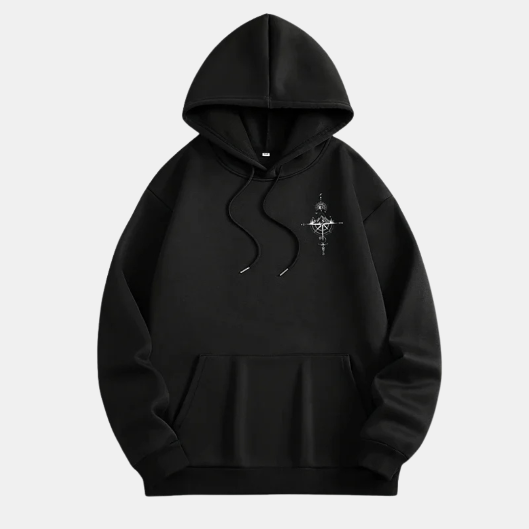 Comfortable White Celestial Compass Print Hoodie for Women with Drawstring Hood Long Sleeve Relaxed Oversized Style