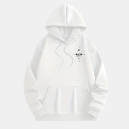 Comfortable White Celestial Compass Print Hoodie for Women with Drawstring Hood Long Sleeve Relaxed Oversized Style