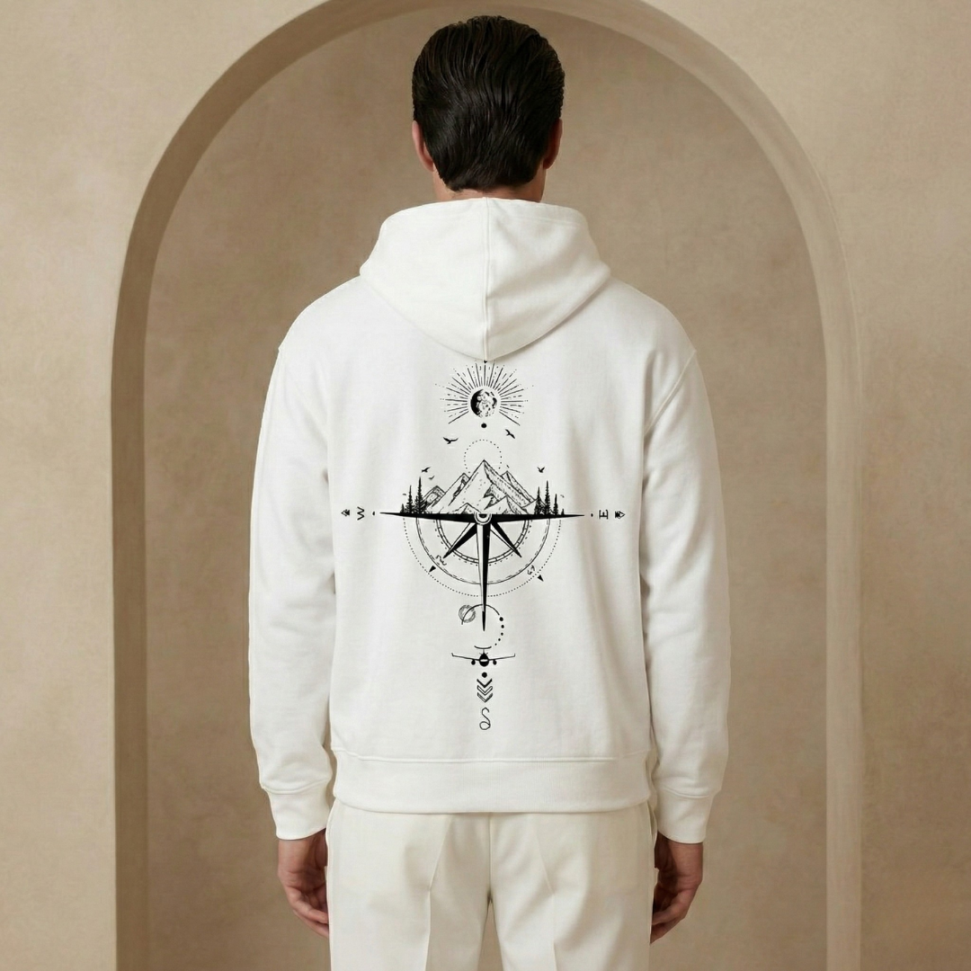 Comfortable White Celestial Compass Print Hoodie for Women with Drawstring Hood Long Sleeve Relaxed Oversized Style