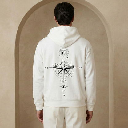 Comfortable White Celestial Compass Print Hoodie for Women with Drawstring Hood Long Sleeve Relaxed Oversized Style