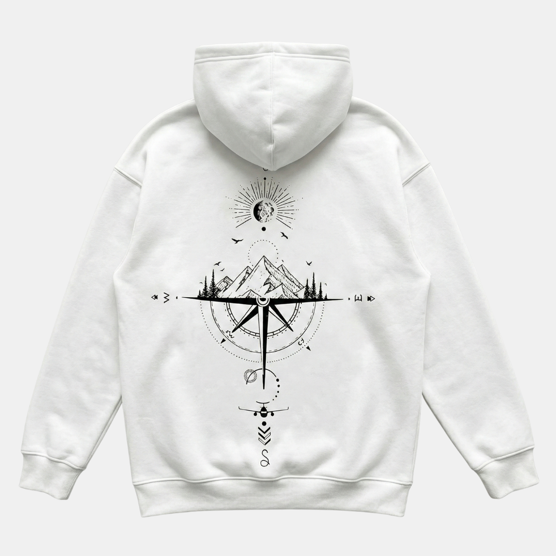 Comfortable White Celestial Compass Print Hoodie for Women with Drawstring Hood Long Sleeve Relaxed Oversized Style