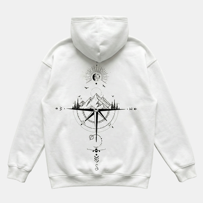 Comfortable White Celestial Compass Print Hoodie for Women with Drawstring Hood Long Sleeve Relaxed Oversized Style