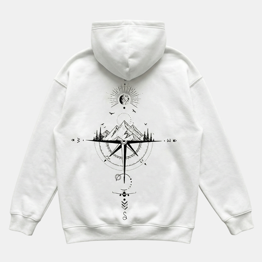 Comfortable White Celestial Compass Print Hoodie for Women with Drawstring Hood Long Sleeve Relaxed Oversized Style