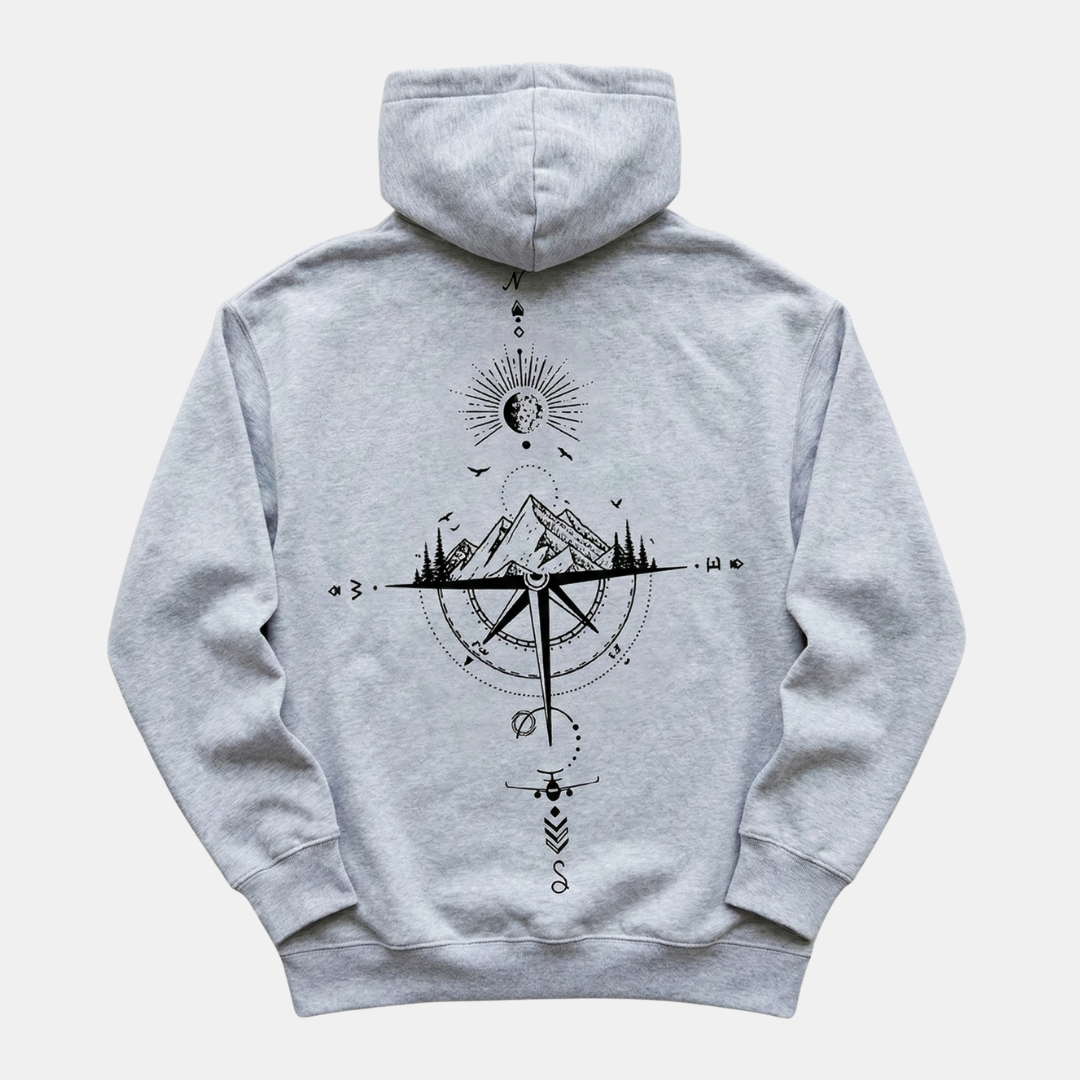 Comfortable White Celestial Compass Print Hoodie for Women with Drawstring Hood Long Sleeve Relaxed Oversized Style