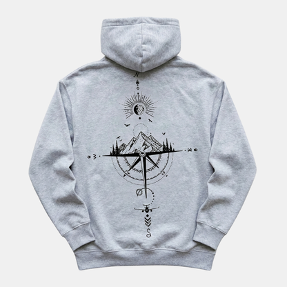 Comfortable White Celestial Compass Print Hoodie for Women with Drawstring Hood Long Sleeve Relaxed Oversized Style