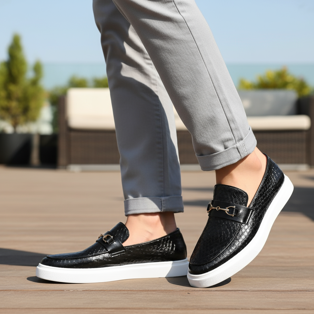 Stylish Quilted Leather Fashion Sneaker for Women with Horsebit Buckle White Sole Slip-On Style