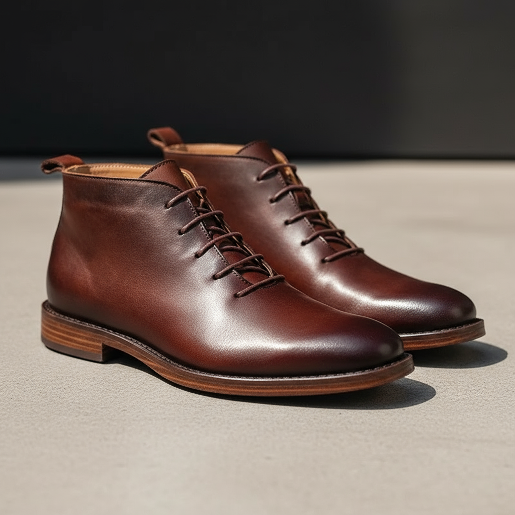 Elegant Leather Chukka Boot for Women with Lace Up Round Toe Stacked Heel Casual Style