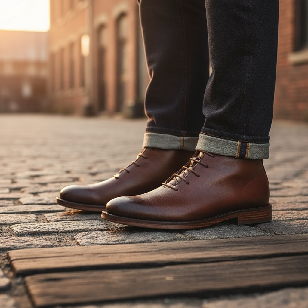 Elegant Leather Chukka Boot for Women with Lace Up Round Toe Stacked Heel Casual Style