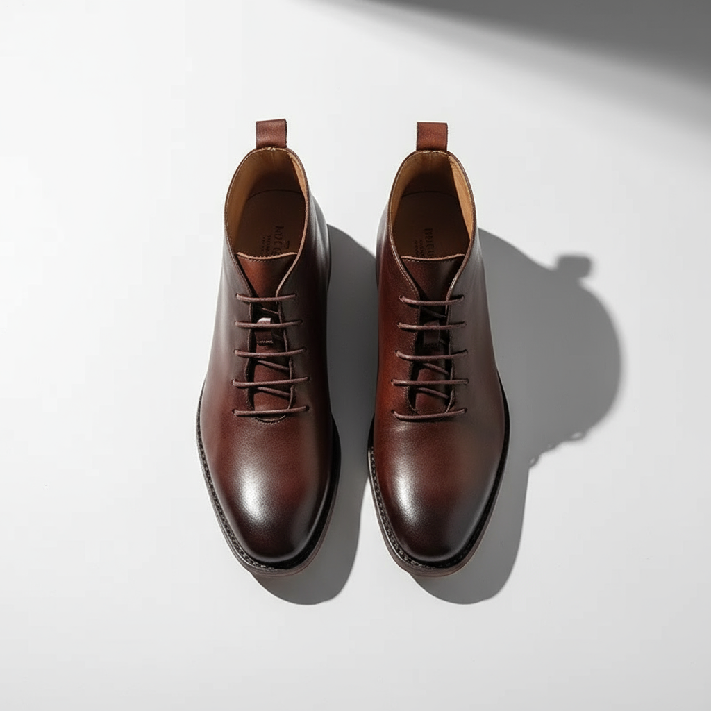 Elegant Leather Chukka Boot for Women with Lace Up Round Toe Stacked Heel Casual Style