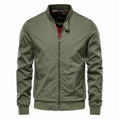 Effortless Nylon Bomber Jacket for Women with Stand Collar Long Sleeve Zip Front Ribbed Hem Casual Style